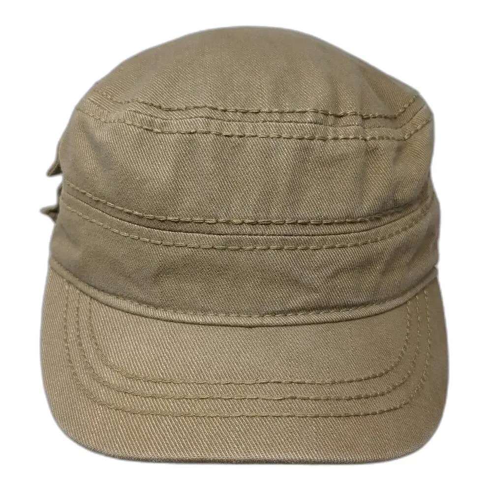 Brown Army Cap Hat One Size Side Pocket Strapback Cotton Solid Plain Utility